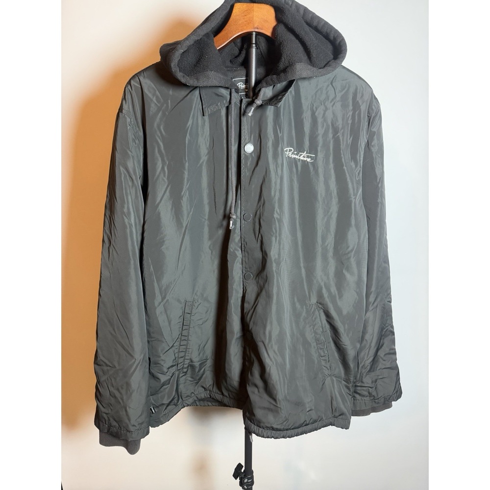 Primitive Two Fer Coach Jacket Black Hooded Skateboarding Snap Size XL 10
